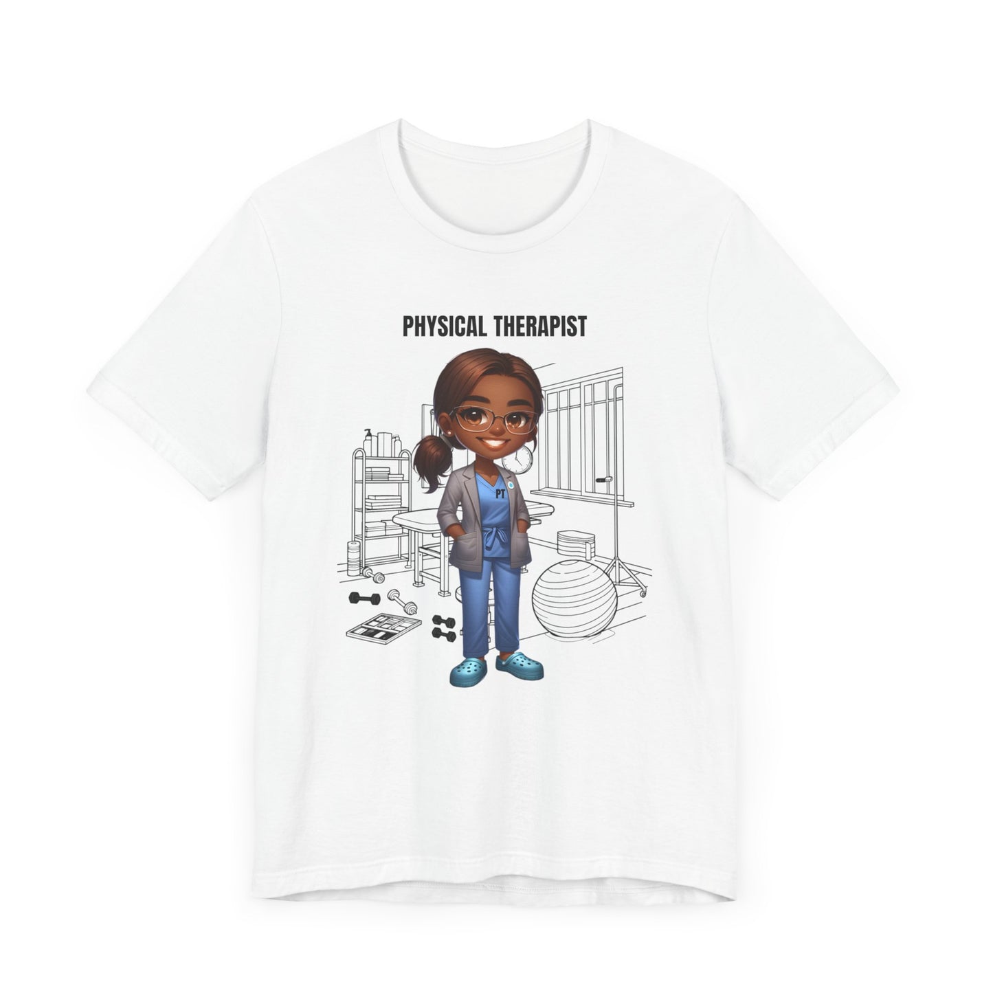 Physical Therapist Caricature-clinic, rehab ctr. etc., (BL brown hair, glasses) Jersey Short Sleeve Tee