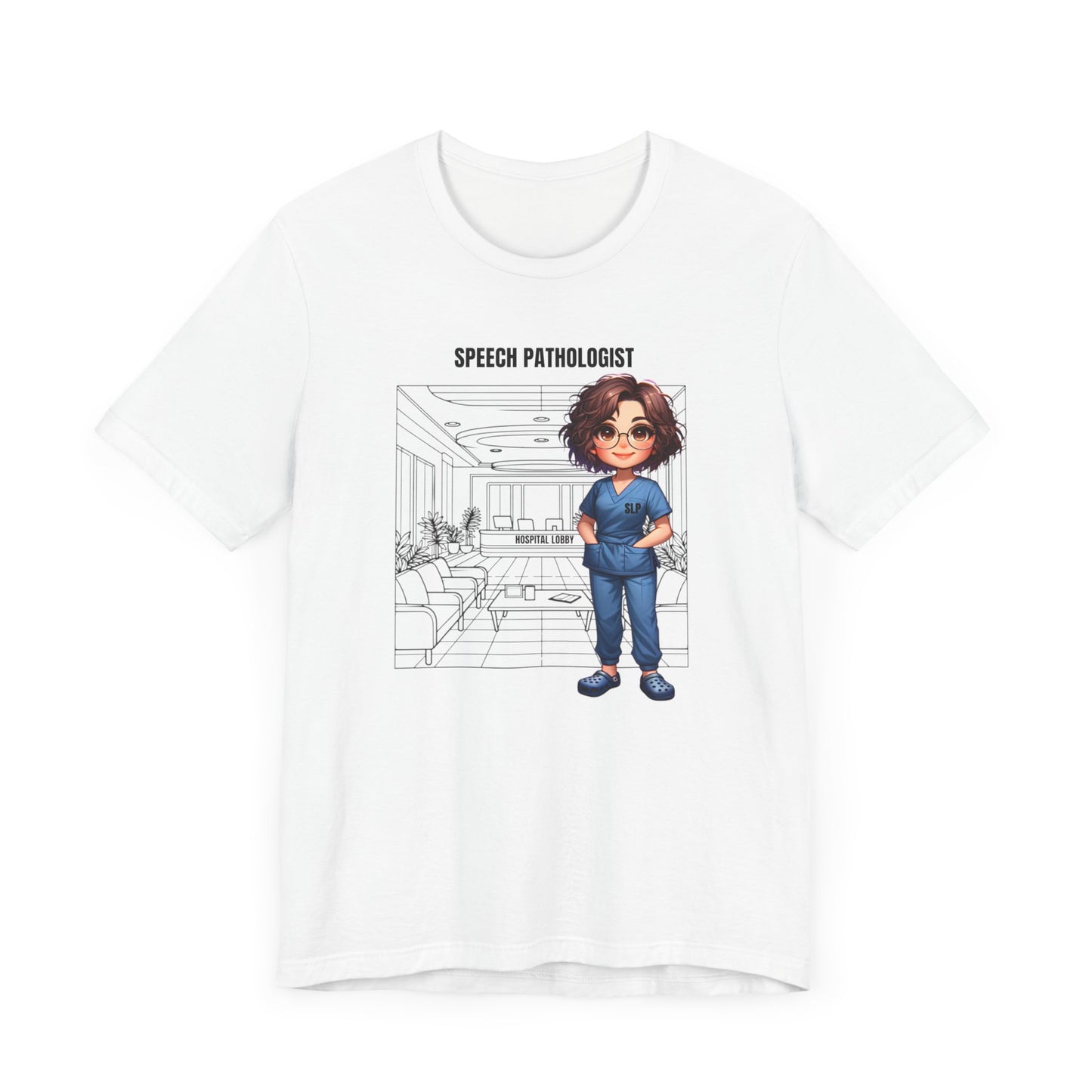 Speech Pathologist Caricature-Hospital (brown hair/glasses) Jersey Short Sleeve Tee