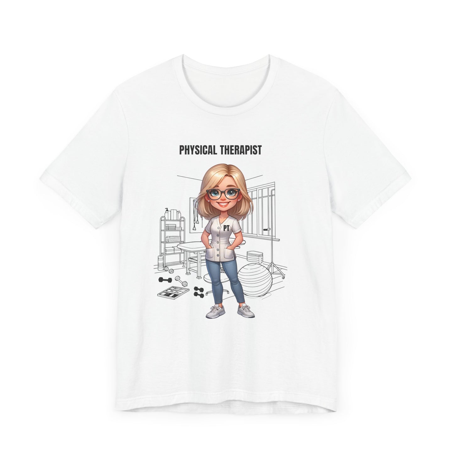 Physical Therapist Caricature-clinic, rehab ctr. etc., (blonde hair, glasses) Jersey Short Sleeve Tee