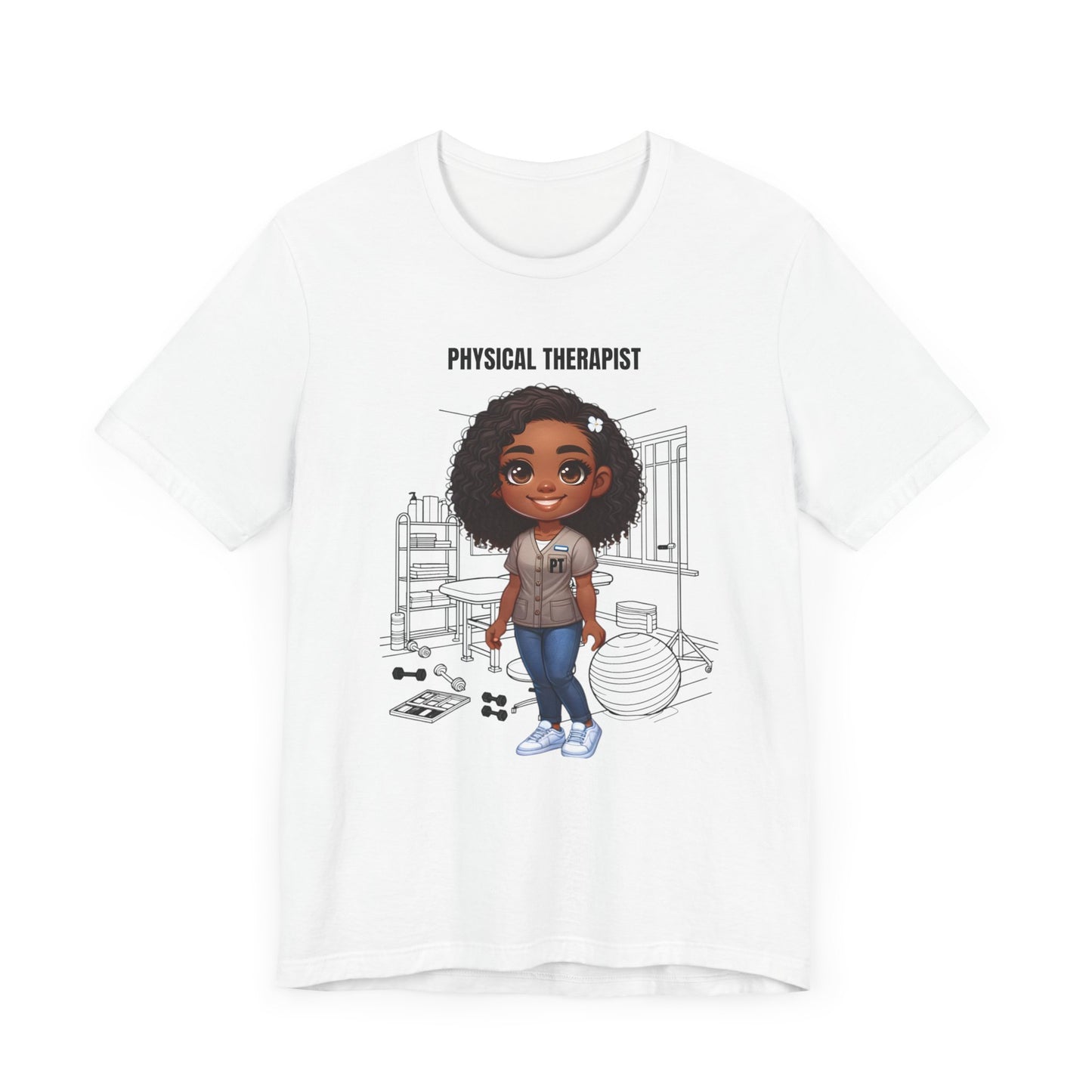 Physical Therapist Caricature-clinic, rehab ctr. etc., (BL black hair) Jersey Short Sleeve Tee