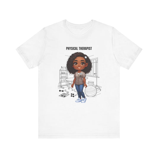 Physical Therapist Caricature-clinic, rehab ctr. etc., (BL black hair) Jersey Short Sleeve Tee