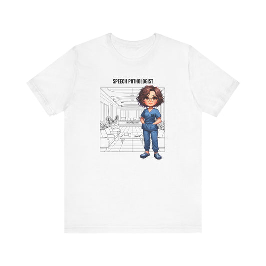 Speech Pathologist Caricature-Hospital (brown hair/glasses) Jersey Short Sleeve Tee