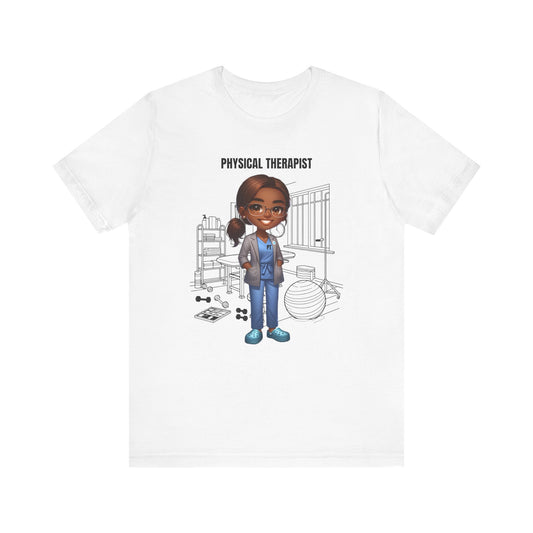 Physical Therapist Caricature-clinic, rehab ctr. etc., (BL brown hair, glasses) Jersey Short Sleeve Tee