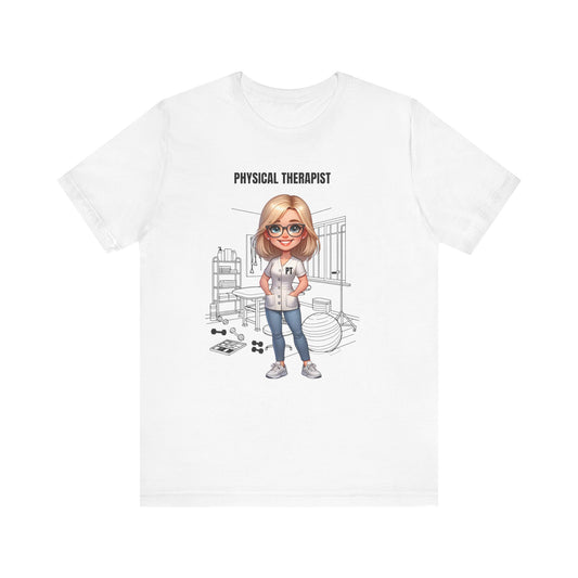 Physical Therapist Caricature-clinic, rehab ctr. etc., (blonde hair, glasses) Jersey Short Sleeve Tee