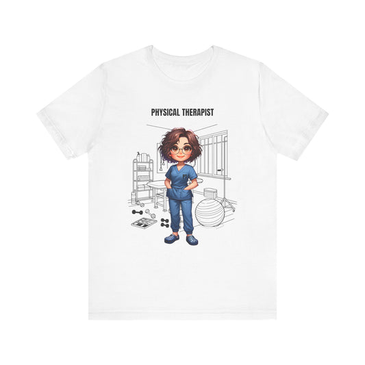 Physical Therapist Caricature-clinic, rehab ctr. etc., (brown hair, glasses) Jersey Short Sleeve Tee